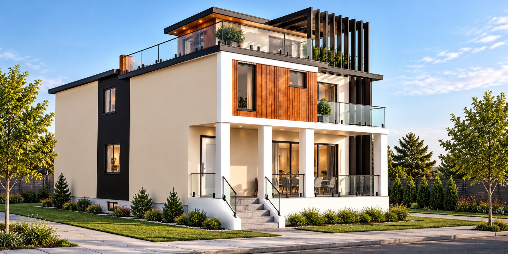 The Alpha Residence with warm timber, light exterior volumes and a rooftop terrace