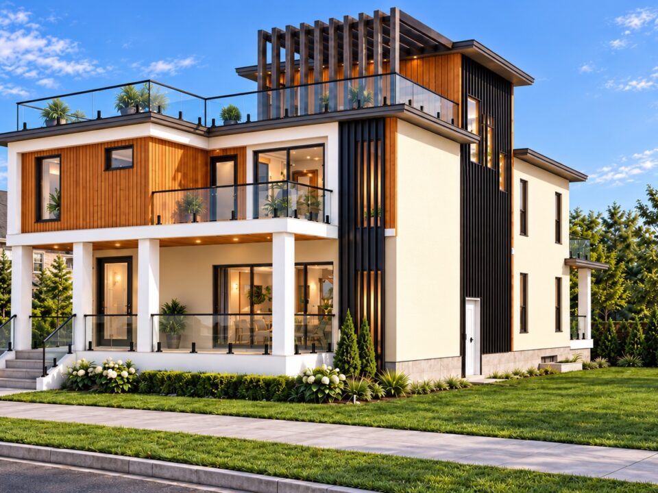 The Alpha Residence viewed from the rear corner with glass terraces and vertical fins