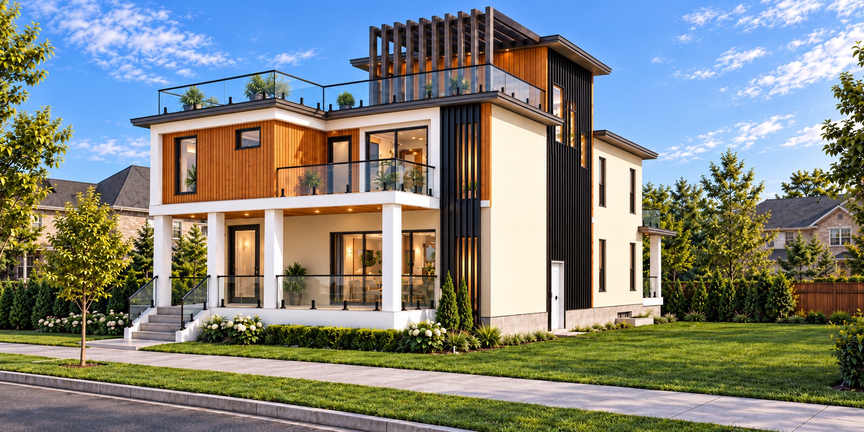 The Alpha Residence viewed from the rear corner with glass terraces and vertical fins