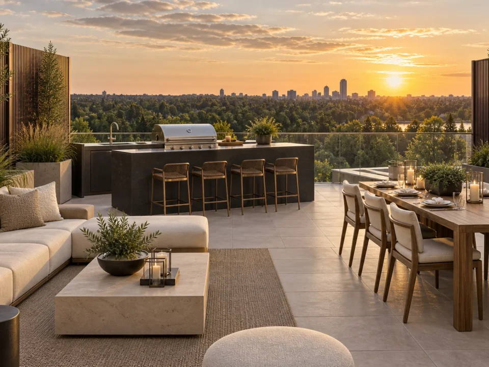 Rooftop terrace with a built-in grill, dining and lounge seating