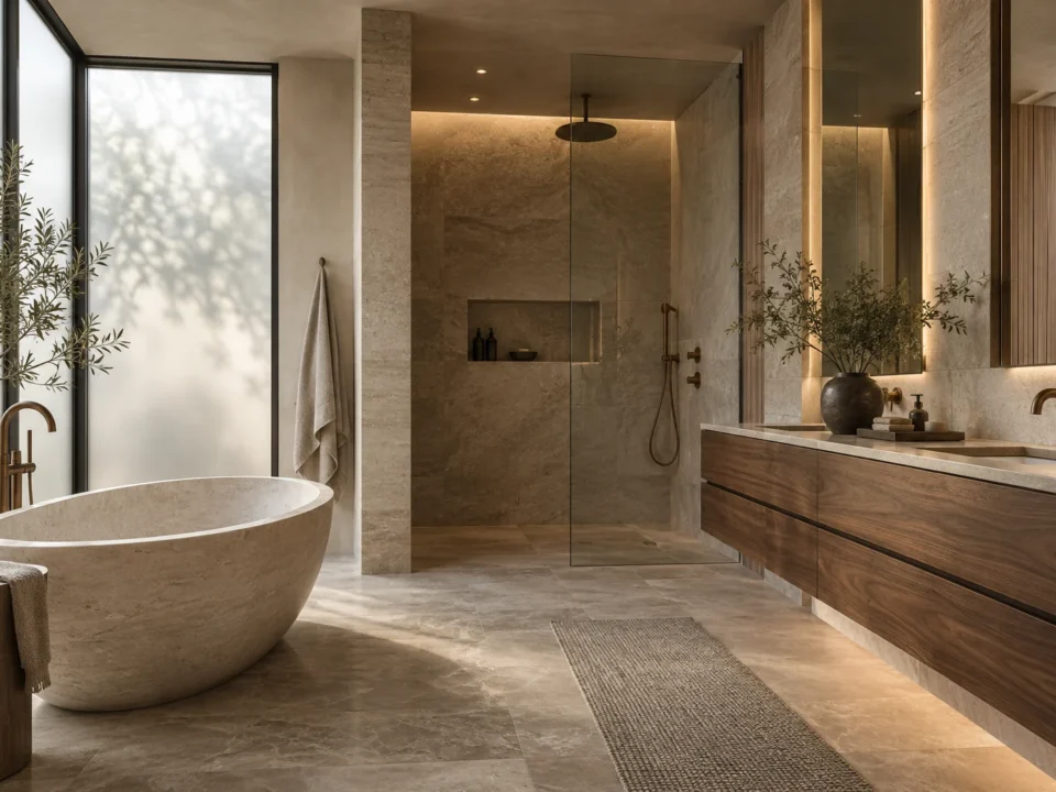 Private ensuite with a freestanding bath and timber vanity