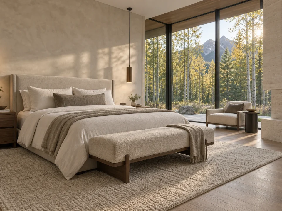 Primary suite with soft linen and warm wood