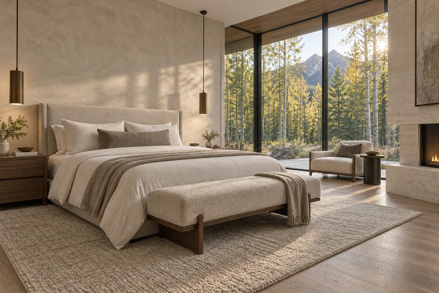 Primary suite with soft linen and warm wood