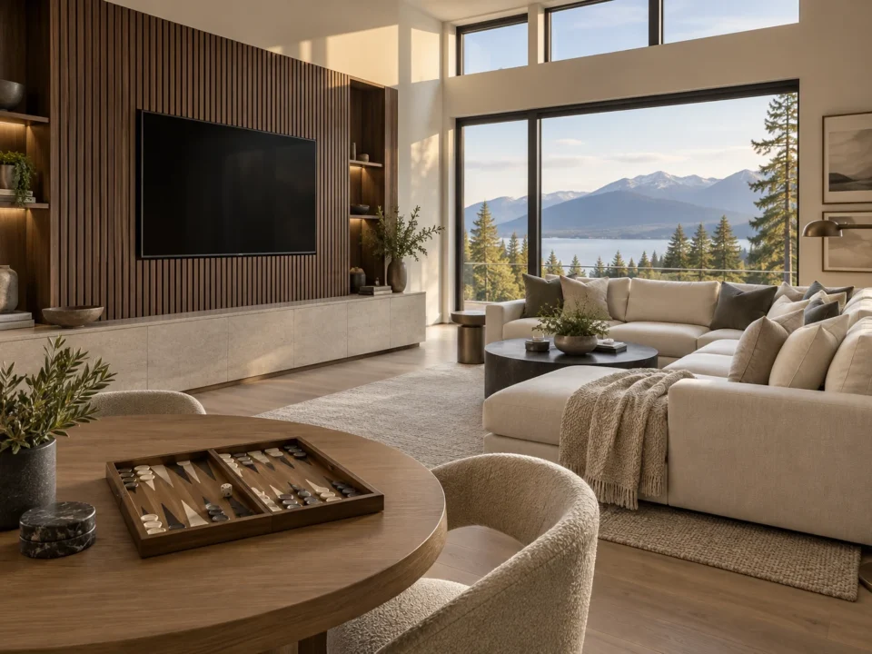 Family bonus lounge with a media wall and games table