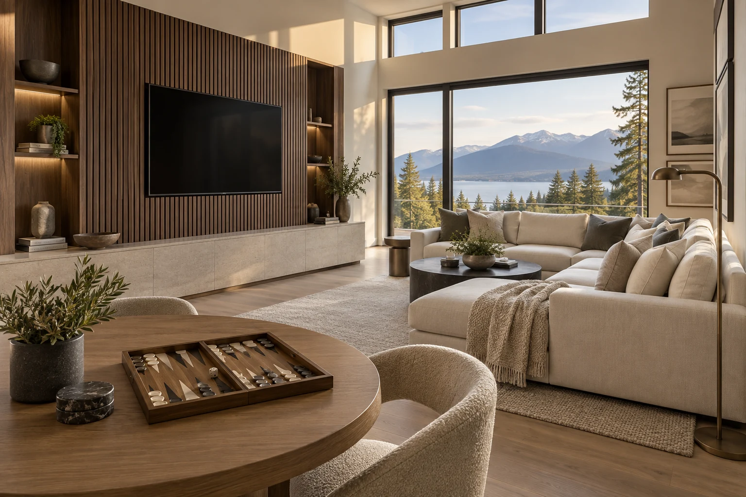 Family bonus lounge with a media wall and games table