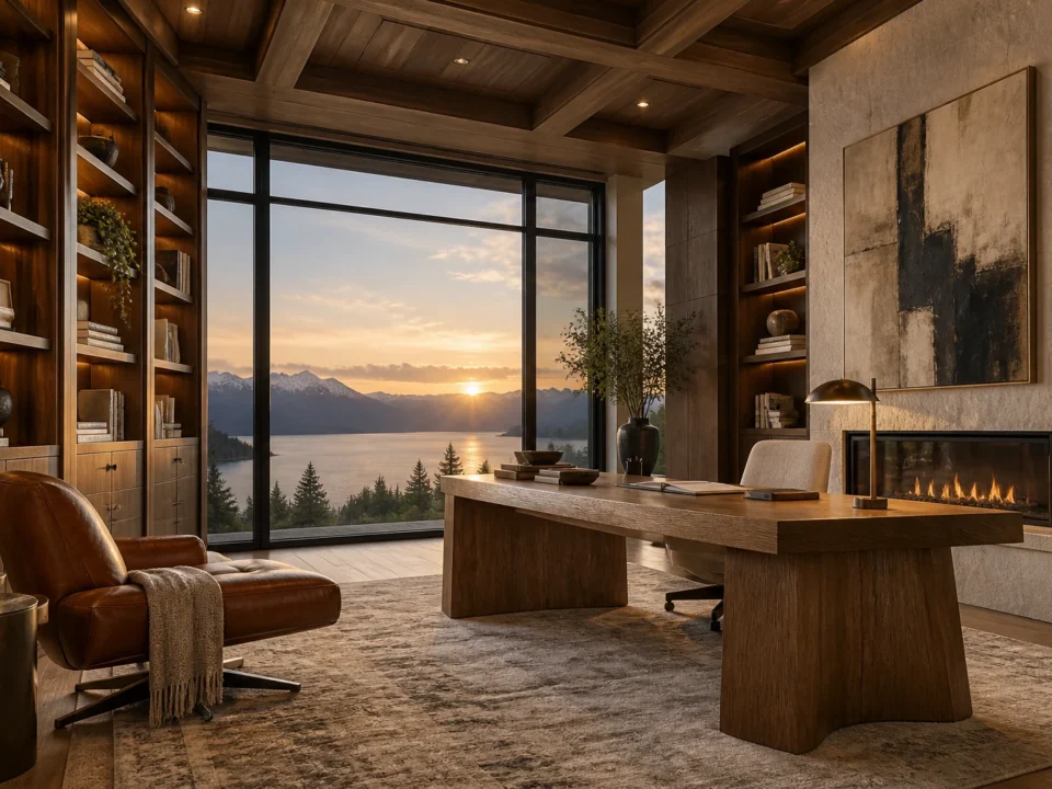 Warm timber library with integrated shelving and a writing desk