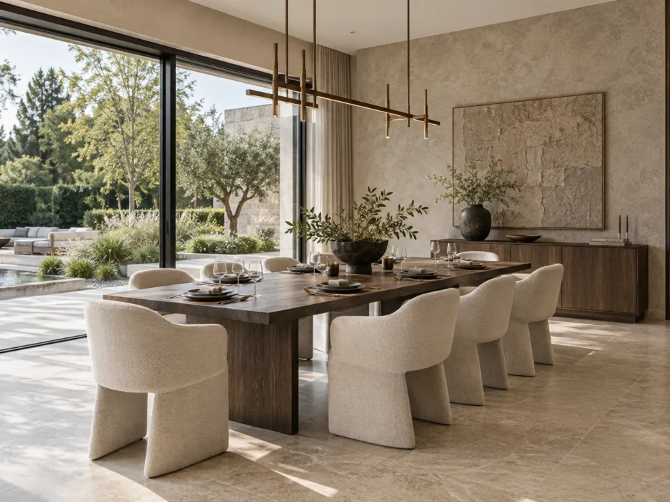 Dining room with a long timber table and garden view