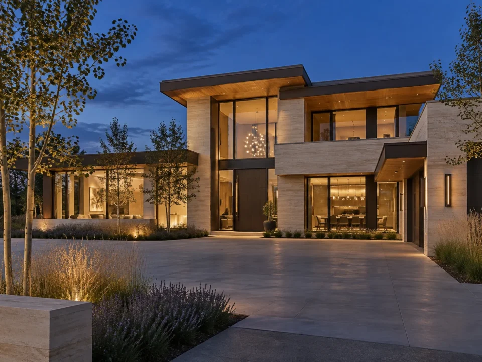 Contemporary prairie residence in limestone, glass and warm timber