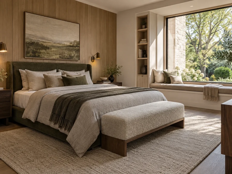 Guest suite with an upholstered headboard and window seat
