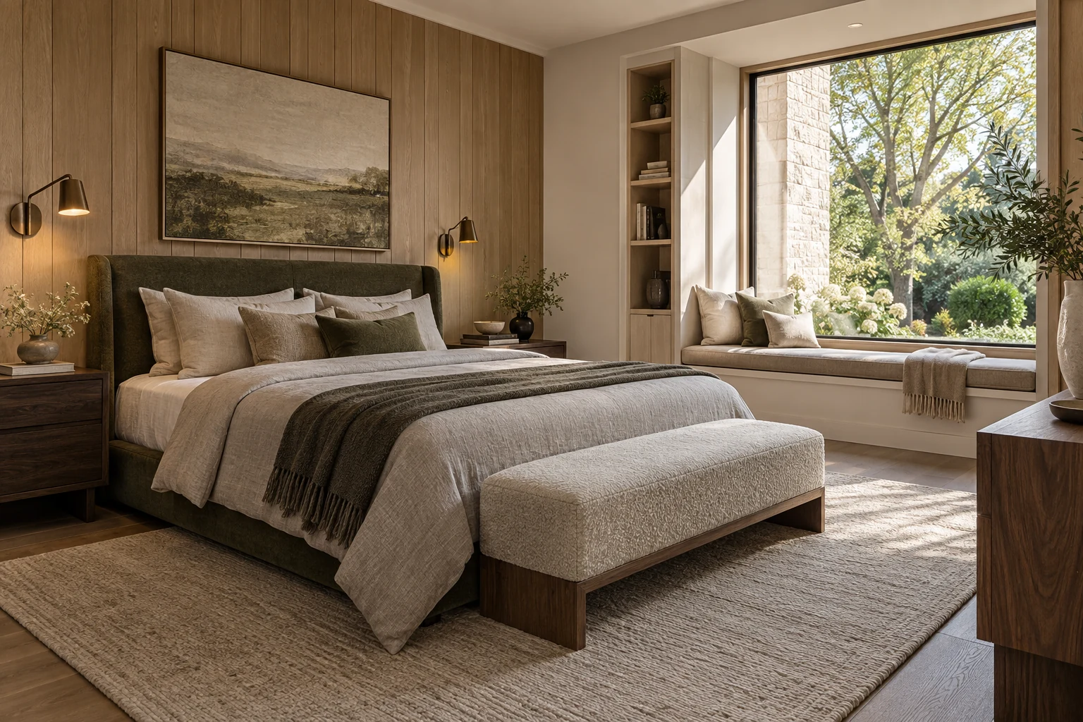 Guest suite with an upholstered headboard and window seat