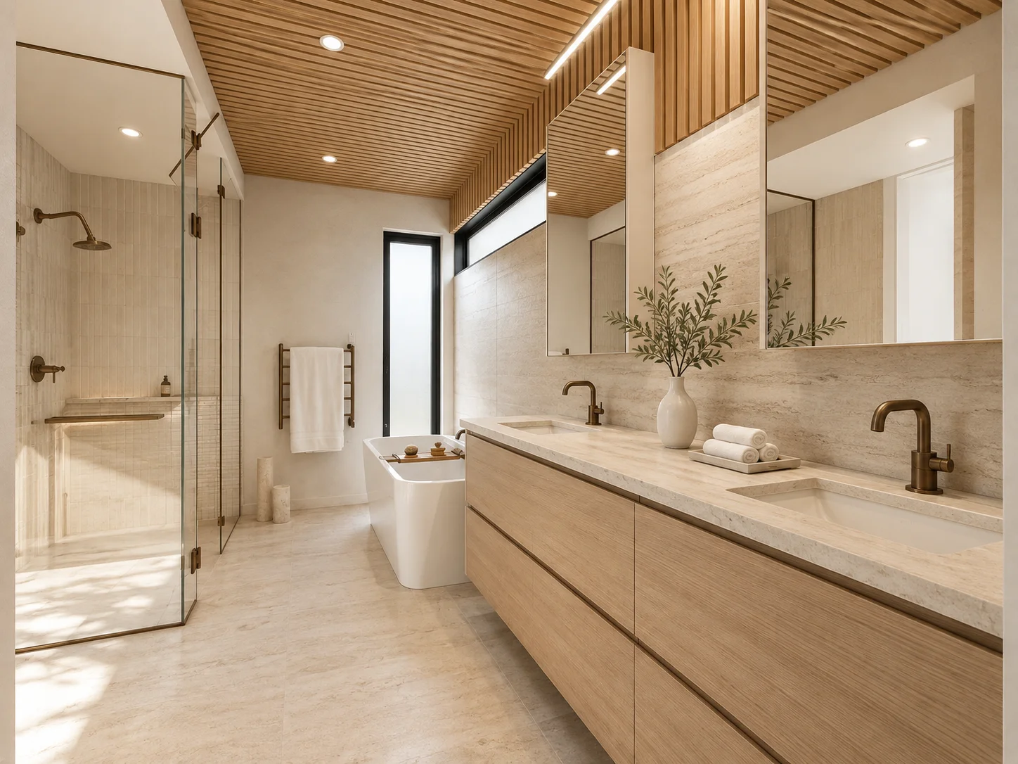 Primary ensuite with warm oak and natural stone
