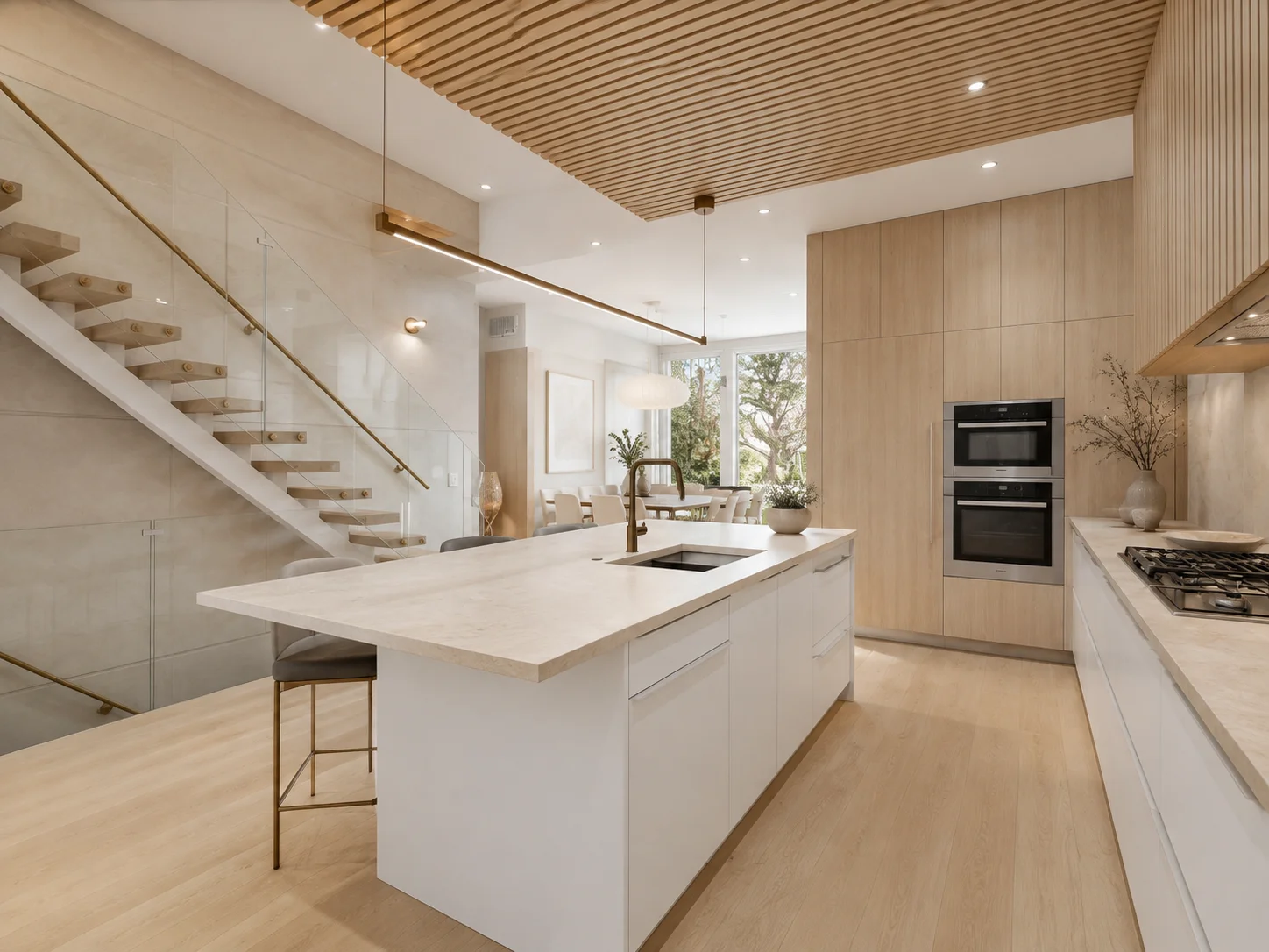 Open kitchen with a stone island and warm cabinetry