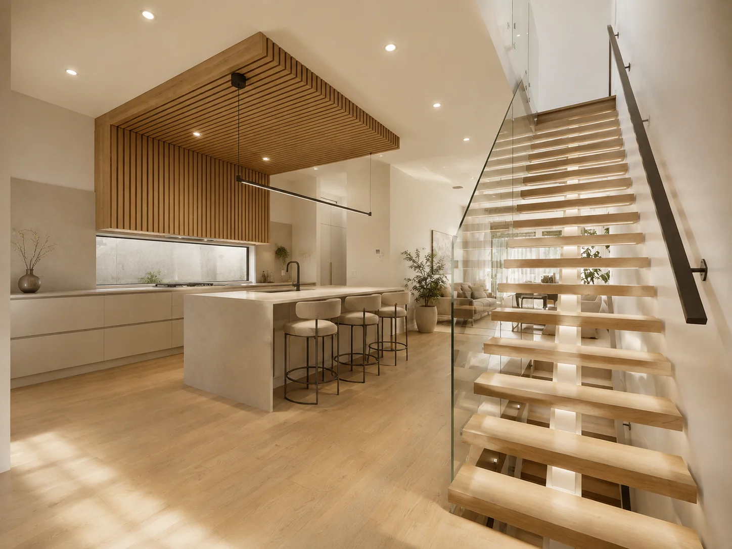 Open timber staircase with glass balustrades