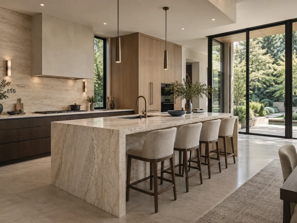 Kitchen with sculptural stone island and warm cabinetry