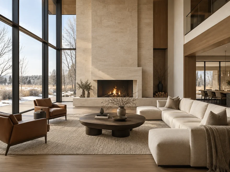 Double-height living room with a sculptural limestone fireplace