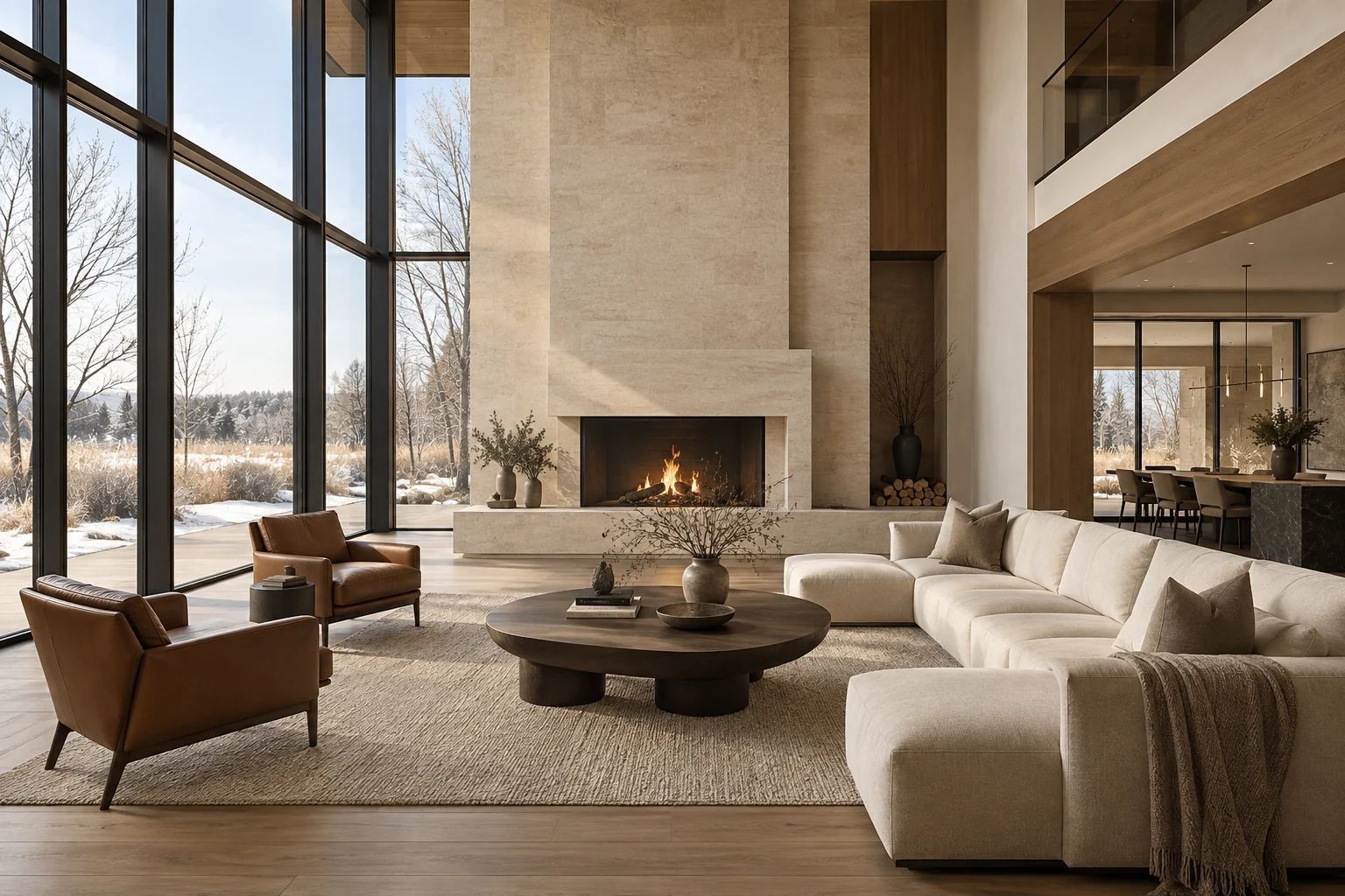 Double-height living room with a sculptural limestone fireplace